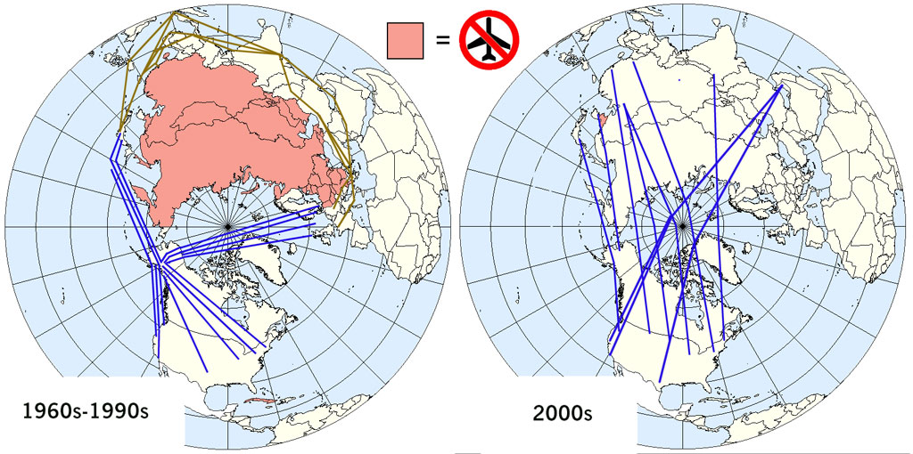 Warum fliegen Flugzeuge so selten über Nord- und Südpol?